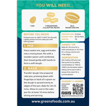 Green's Deluxe Choc Chip Cookie Pie Mix 400g