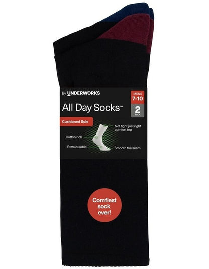 Mens Heel & Toe Cushioned Crew Crew 2 Pack in Burgundy/Blue
