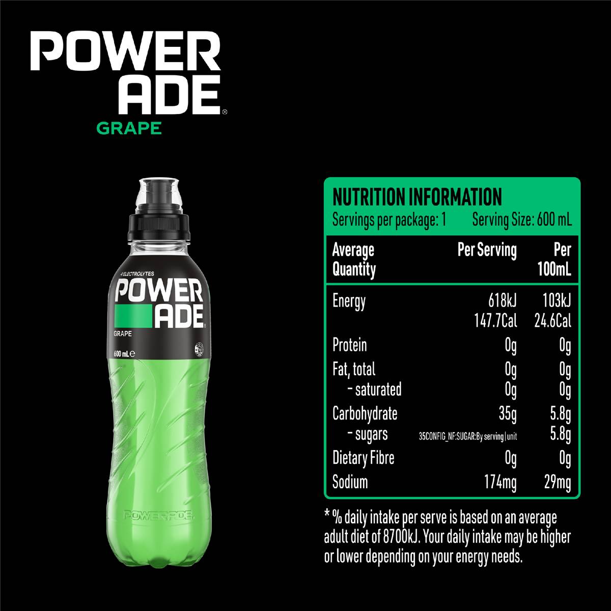 Powerade Ion4 Grape Sports Drink Sipper Cap 600mL