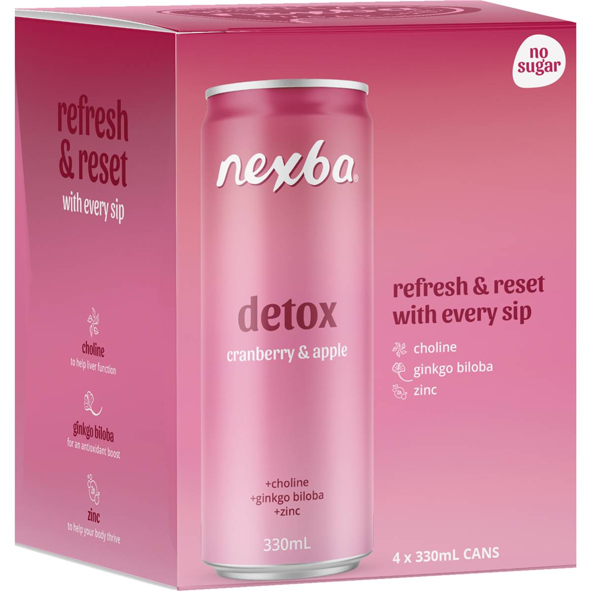 Nexba Detox Cranberry & Apple Drink Cans 330mL x 4 pack