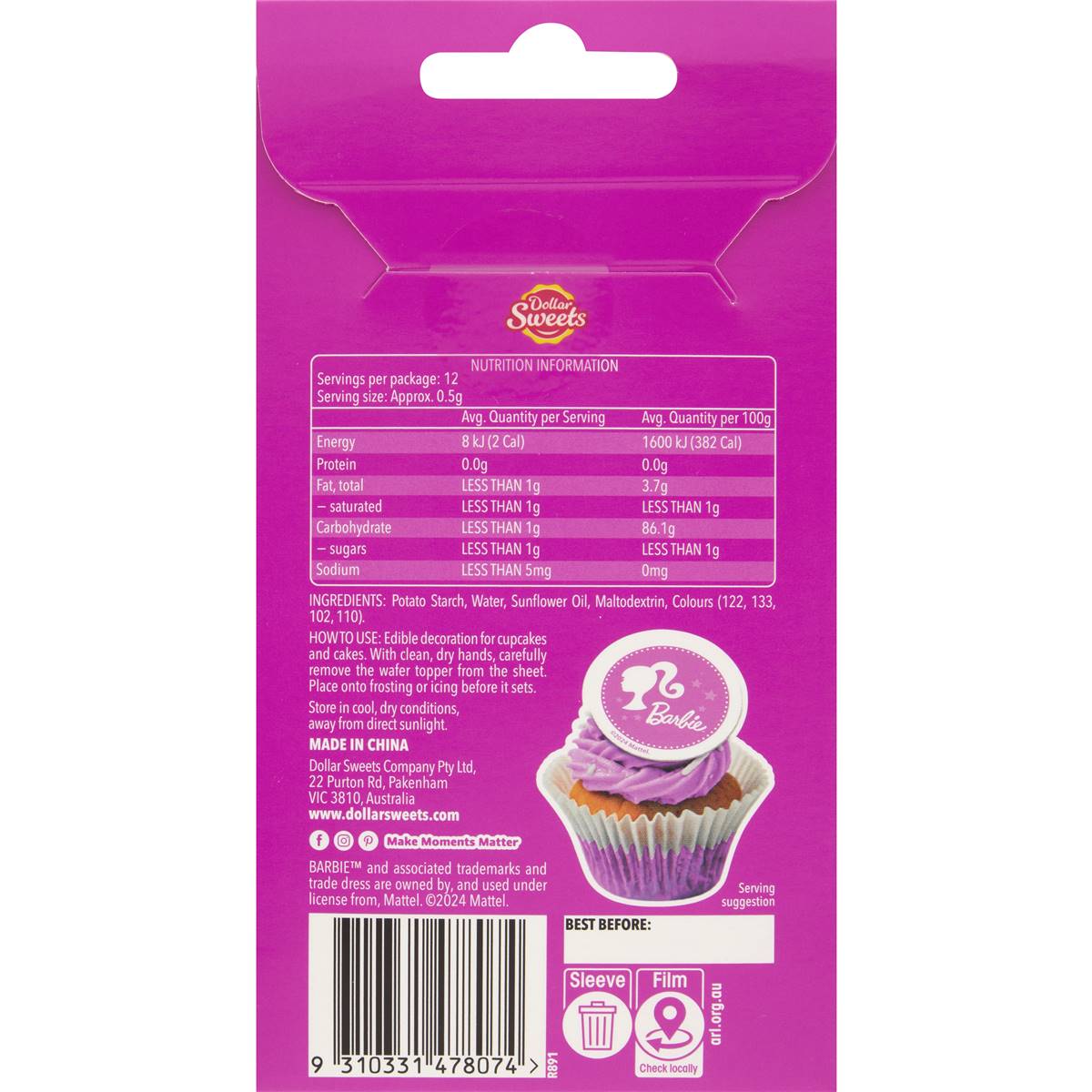 Dollar Sweets Barbie Wafer Cupcake Toppers 12 pack