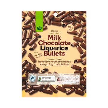 Woolworths Milk Chocolate Liquorice Bullets 200g