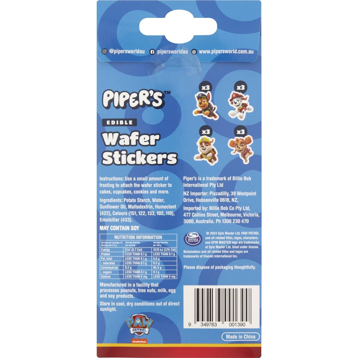 Piper's Paw Patrol Edible Wafer Stickers 12 pack