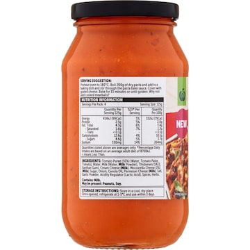 Woolworths Creamy Tomato and Mozzarella Pasta Bake Sauce 500mL