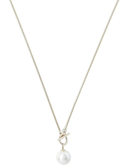 Long Snake Chain Necklace with Pearl Fob in Gold