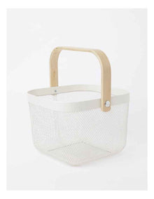 Mesh Basket with Wood Handle 24.5x24.5x18cm in White