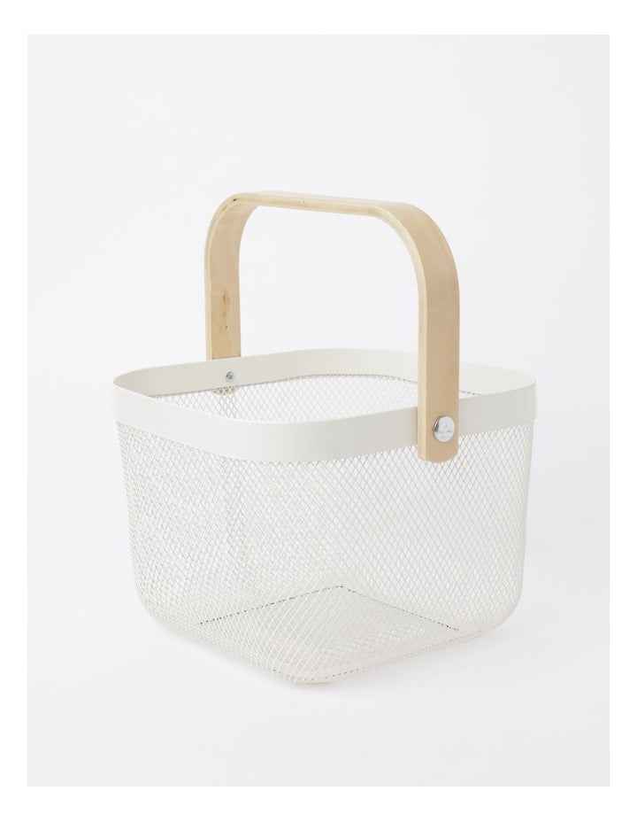 Mesh Basket with Wood Handle 24.5x24.5x18cm in White