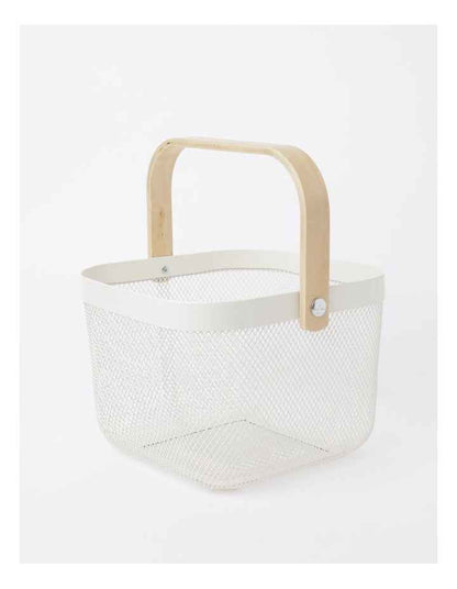 Mesh Basket with Wood Handle 24.5x24.5x18cm in White