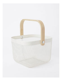 Mesh Basket with Wood Handle 24.5x24.5x18cm in White