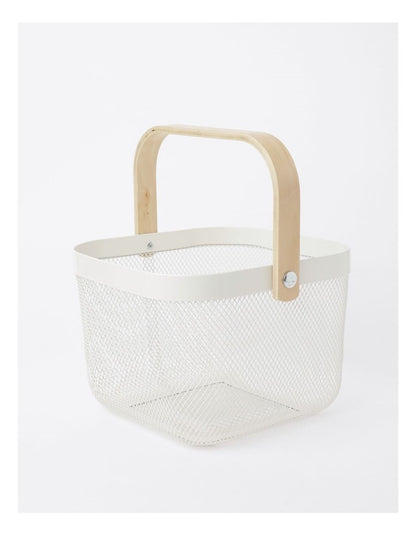Mesh Basket with Wood Handle 24.5x24.5x18cm in White
