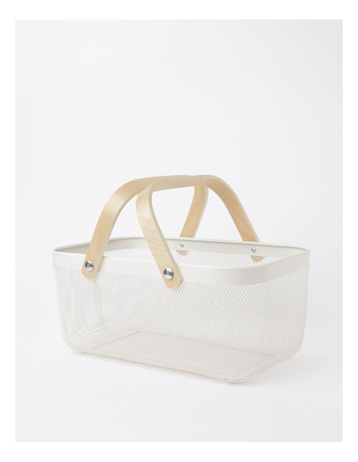 Mesh Basket with Wood Handle 35x20x17cm in White