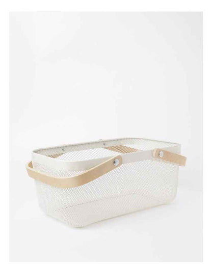 Mesh Basket with Wood Handle 35x20x17cm in White