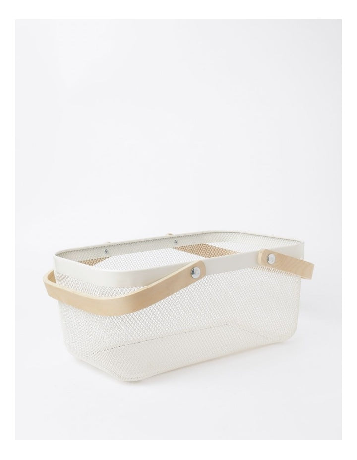 Mesh Basket with Wood Handle 35x20x17cm in White