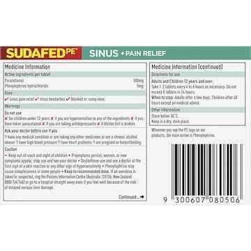 Sudafed PE Sinus & Pain Relief Tablets 16 pack