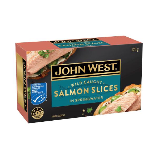 JOHN WEST SALMON SLICES:SPRINGWATER:.:125 GRAM