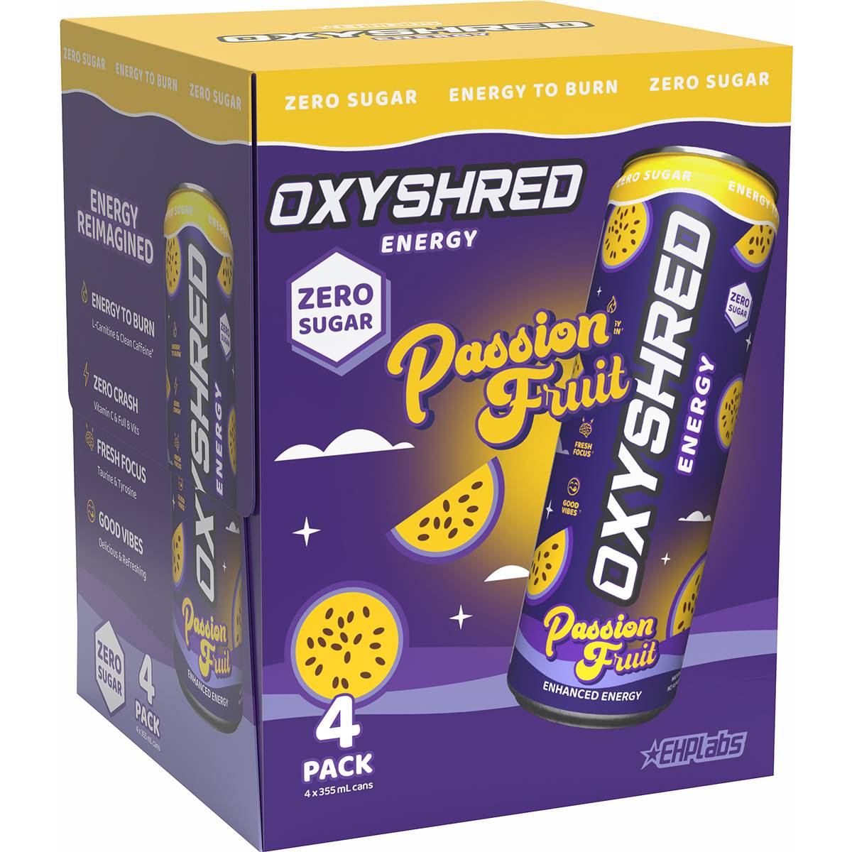 OxyShred Energy Drink Passionfruit Zero Sugar 355mL x 4 pack