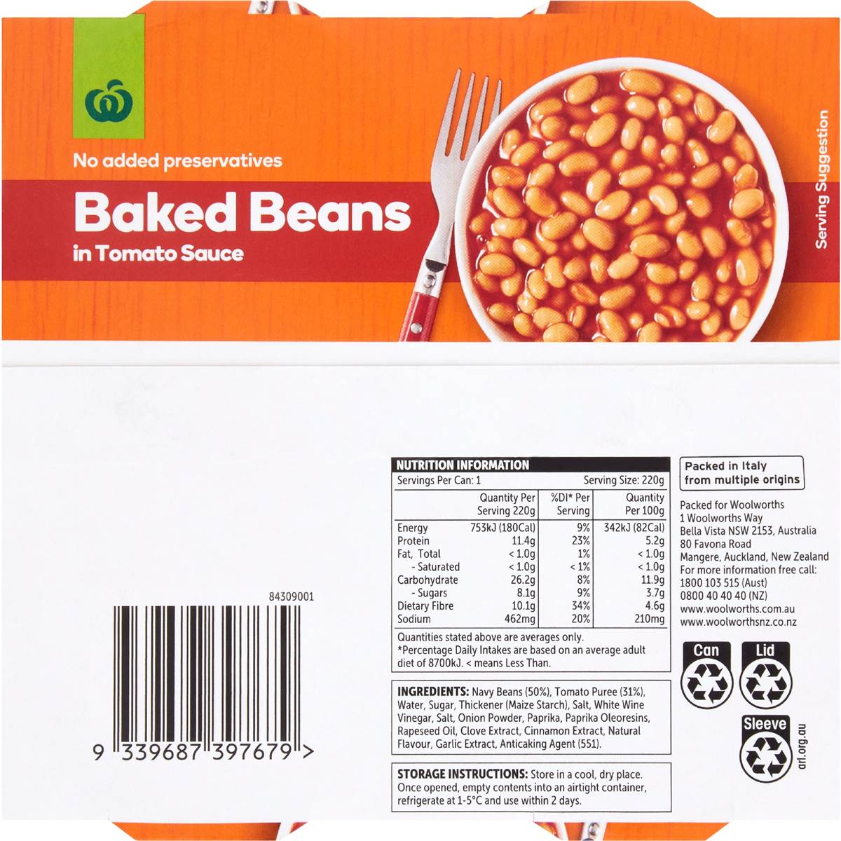 Woolworths Baked Beans In Tomato Sauce 220g x 4 pack