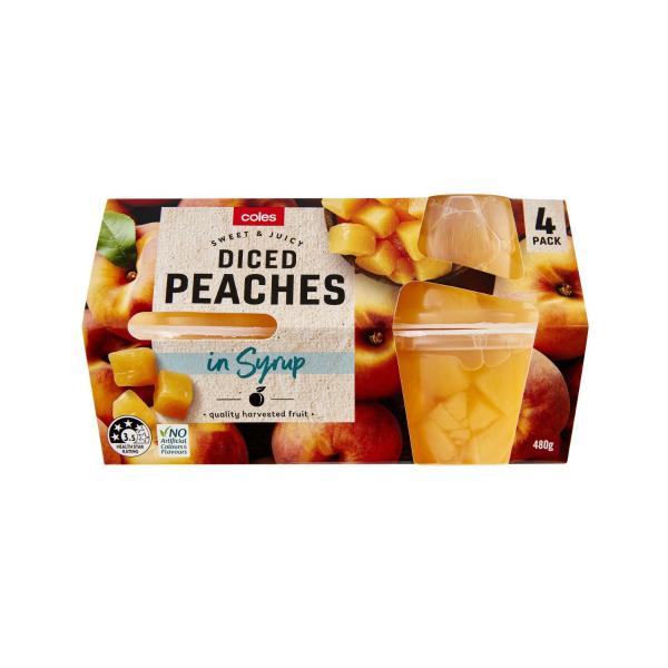 COLES DICED PEACHES IN SYRUP 4 PACK 480G