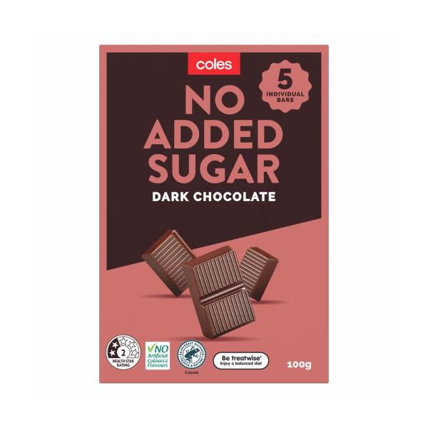 COLES NO ADDED SUGAR DARK CHOC 100G