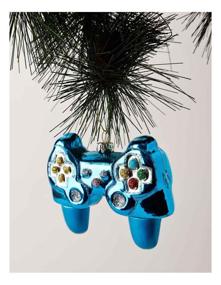 Candyland Christmas Glass Video Game Controller Ornament 9cm in Blue