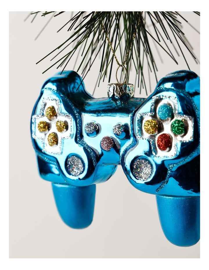 Candyland Christmas Glass Video Game Controller Ornament 9cm in Blue
