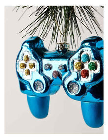 Candyland Christmas Glass Video Game Controller Ornament 9cm in Blue