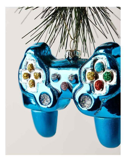 Candyland Christmas Glass Video Game Controller Ornament 9cm in Blue