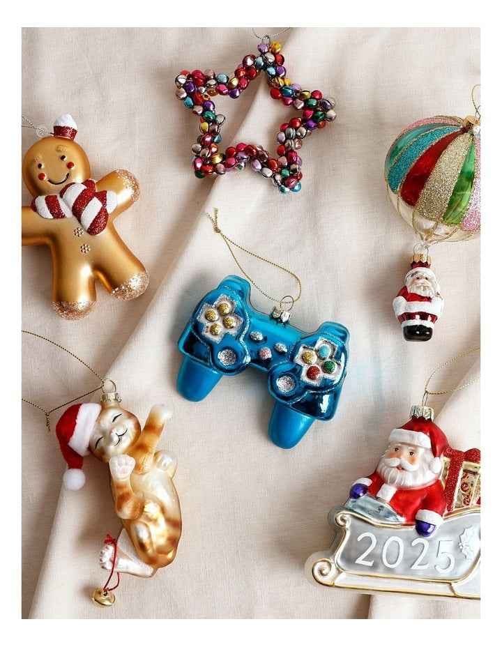 Candyland Christmas Glass Video Game Controller Ornament 9cm in Blue