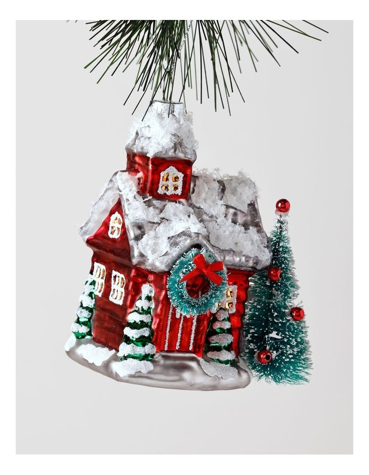 Heirloom Christmas Glass Winter House withTree 12.5cm in Red