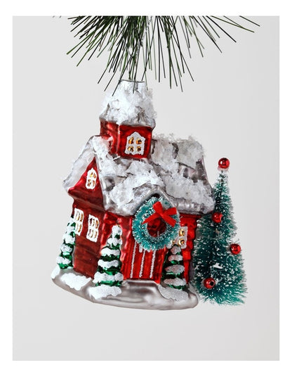 Heirloom Christmas Glass Winter House withTree 12.5cm in Red