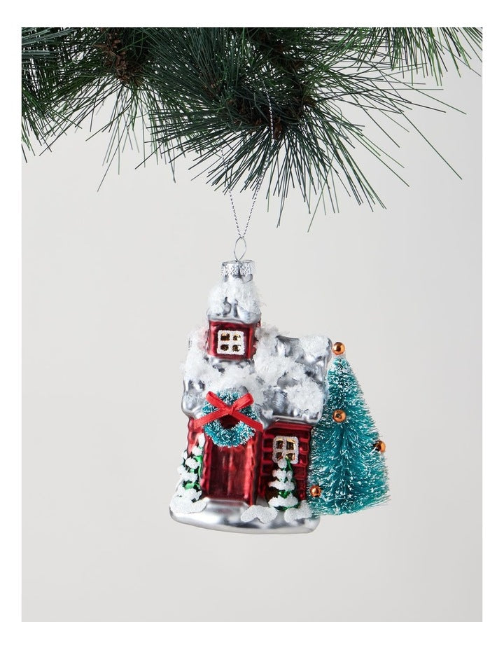Heirloom Christmas Glass Winter House withTree 12.5cm in Red