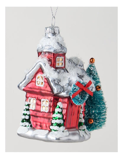 Heirloom Christmas Glass Winter House withTree 12.5cm in Red