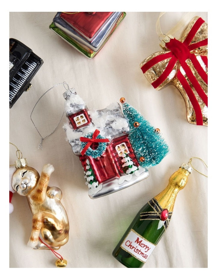 Heirloom Christmas Glass Winter House withTree 12.5cm in Red
