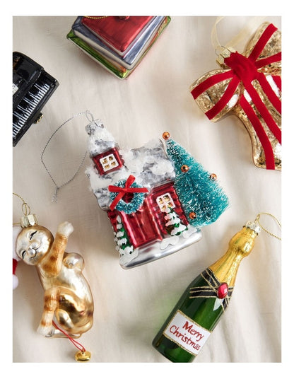 Heirloom Christmas Glass Winter House withTree 12.5cm in Red