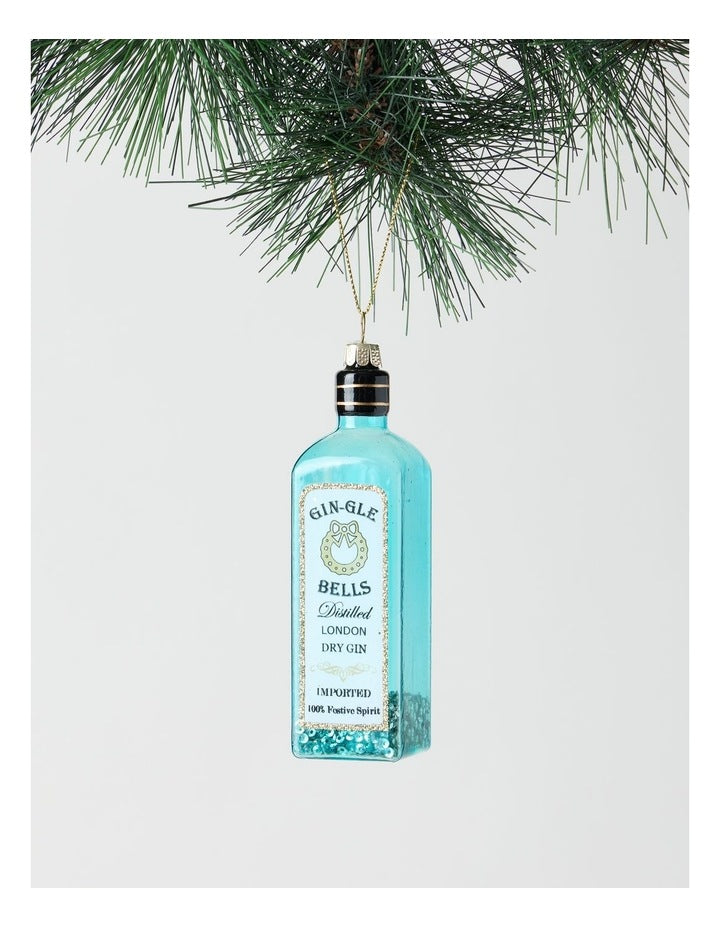 Luxe Christmas Glass Gin-gle Bell Gin Bottle Hanging Ornament 12cm in Blue
