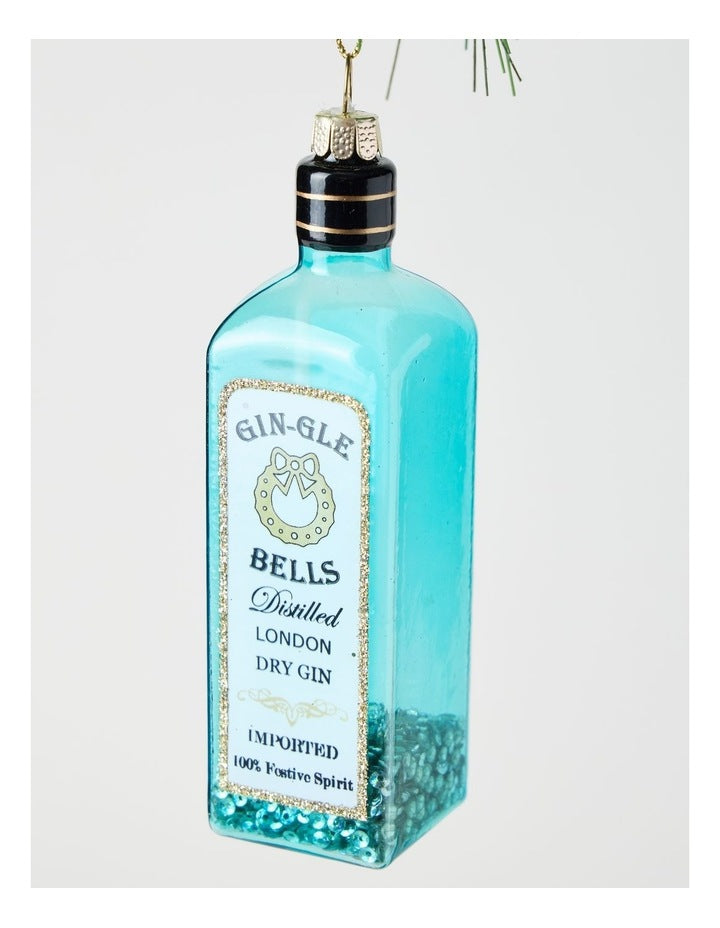 Luxe Christmas Glass Gin-gle Bell Gin Bottle Hanging Ornament 12cm in Blue