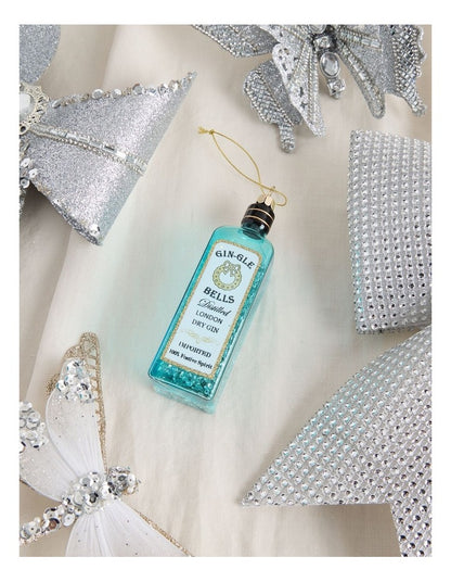 Luxe Christmas Glass Gin-gle Bell Gin Bottle Hanging Ornament 12cm in Blue