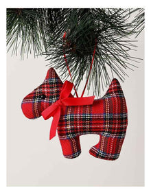 Fabric Tartan Scottie Dog Ornament withBow 11cm in Red