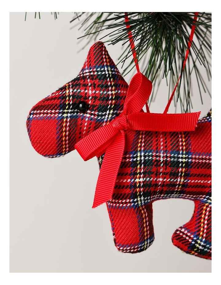 Fabric Tartan Scottie Dog Ornament withBow 11cm in Red