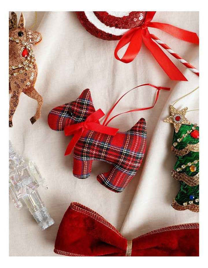 Fabric Tartan Scottie Dog Ornament withBow 11cm in Red