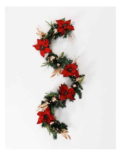 Heirloom Christmas Poinsettia, Faux Berries, Leaves & Bauble Garland 180cm in Red/Gold