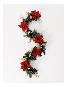 Heirloom Christmas Poinsettia, Faux Berries, Leaves & Bauble Garland 182cm in Red/Gold