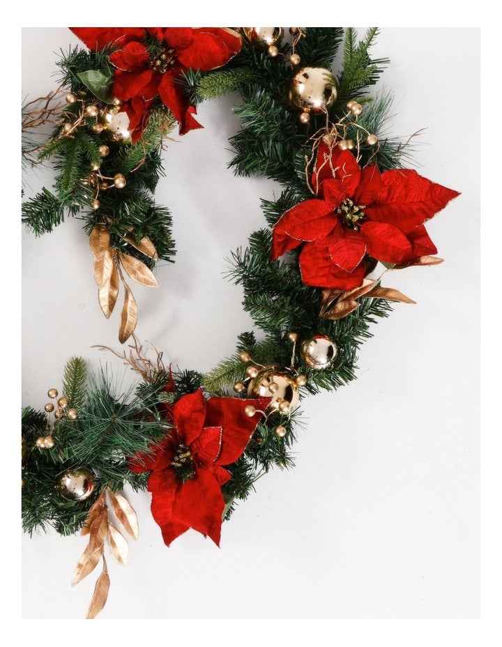 Heirloom Christmas Poinsettia, Faux Berries, Leaves & Bauble Garland 180cm in Red/Gold