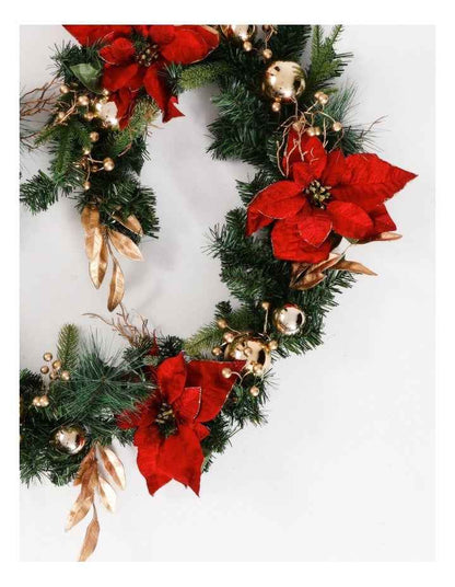 Heirloom Christmas Poinsettia, Faux Berries, Leaves & Bauble Garland 180cm in Red/Gold