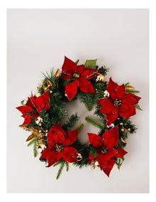 Heirloom Christmas Poinsettia, Faux Berries, Leaves & Bauble Wreath 60cm in Red/Gold