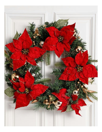 Heirloom Christmas Poinsettia, Faux Berries, Leaves & Bauble Wreath 60cm in Red/Gold