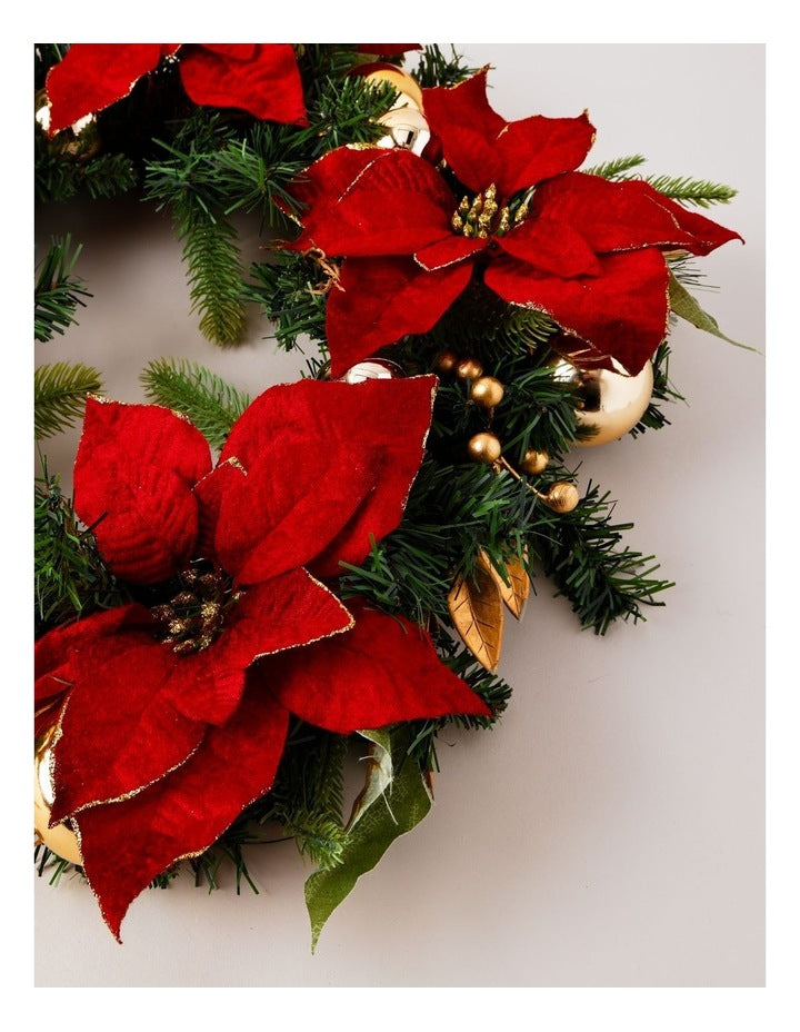 Heirloom Christmas Poinsettia, Faux Berries, Leaves & Bauble Wreath 60cm in Red/Gold