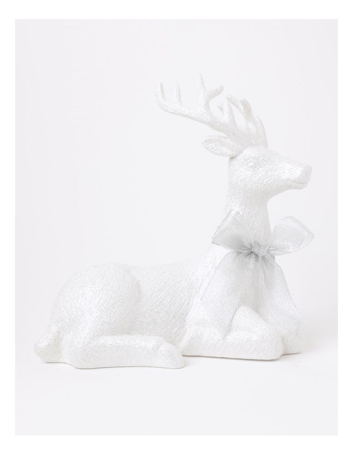 Luxe Eucalyptus Christmas Glittered Sitting Reindeer withHessian Bow 31cm in White