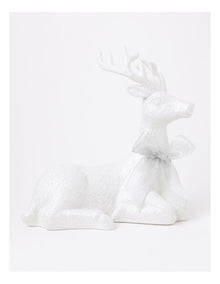 Luxe Eucalyptus Christmas Glittered Sitting Reindeer withHessian Bow 31cm in White