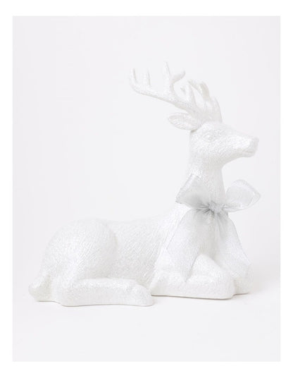Luxe Eucalyptus Christmas Glittered Sitting Reindeer withHessian Bow 31cm in White